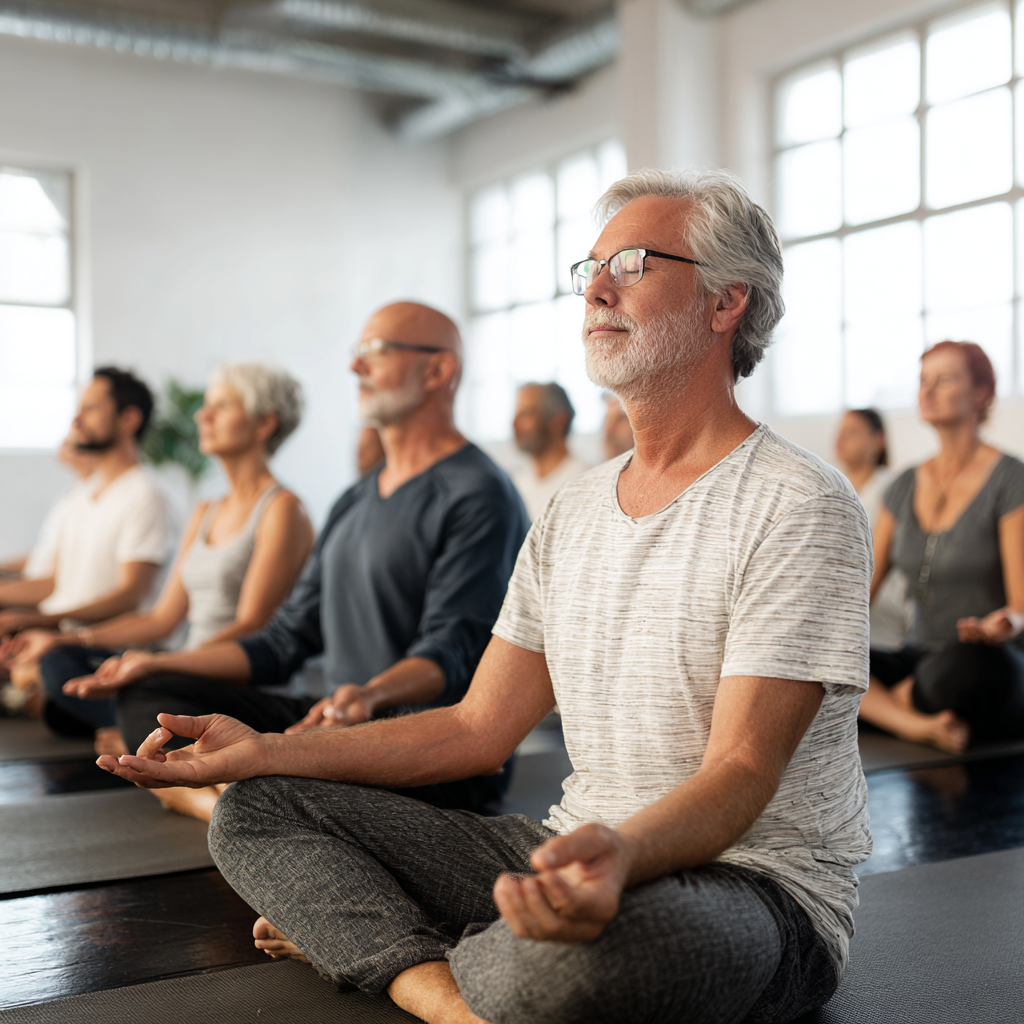 Група людей середнього віку медитує в позі лотоса в світлій студії droltenash