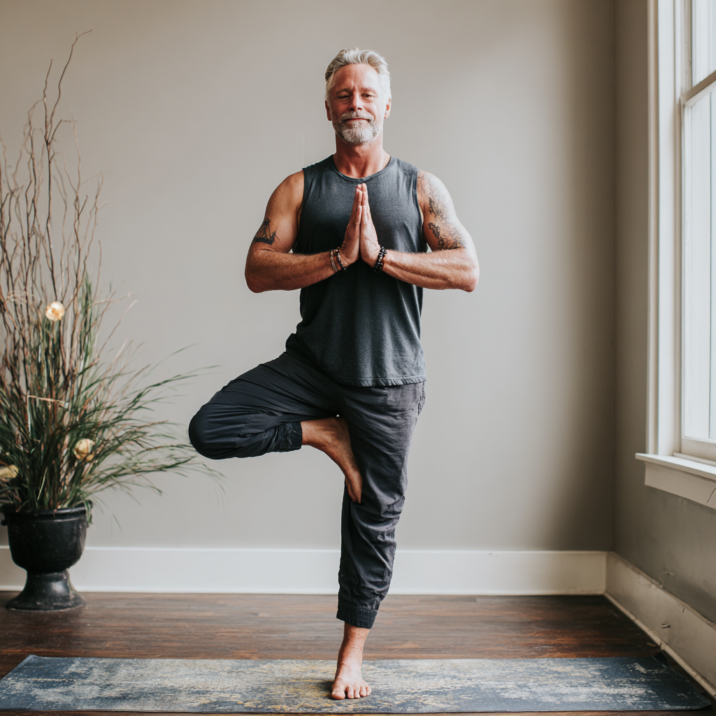 Чоловік середніх років виконує позу дерева на йога-килимку в студії droltenash