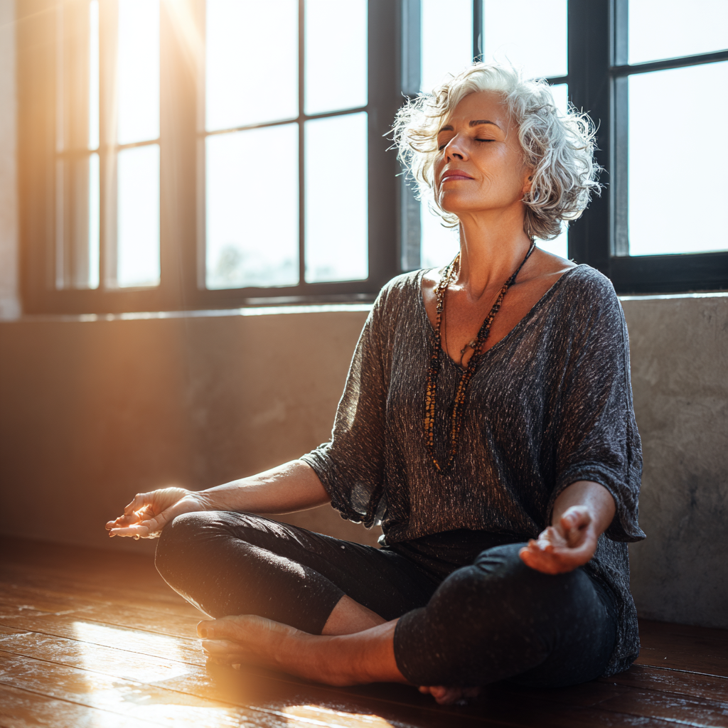 Жінка середнього віку медитує в світлій кімнаті з природним освітленням