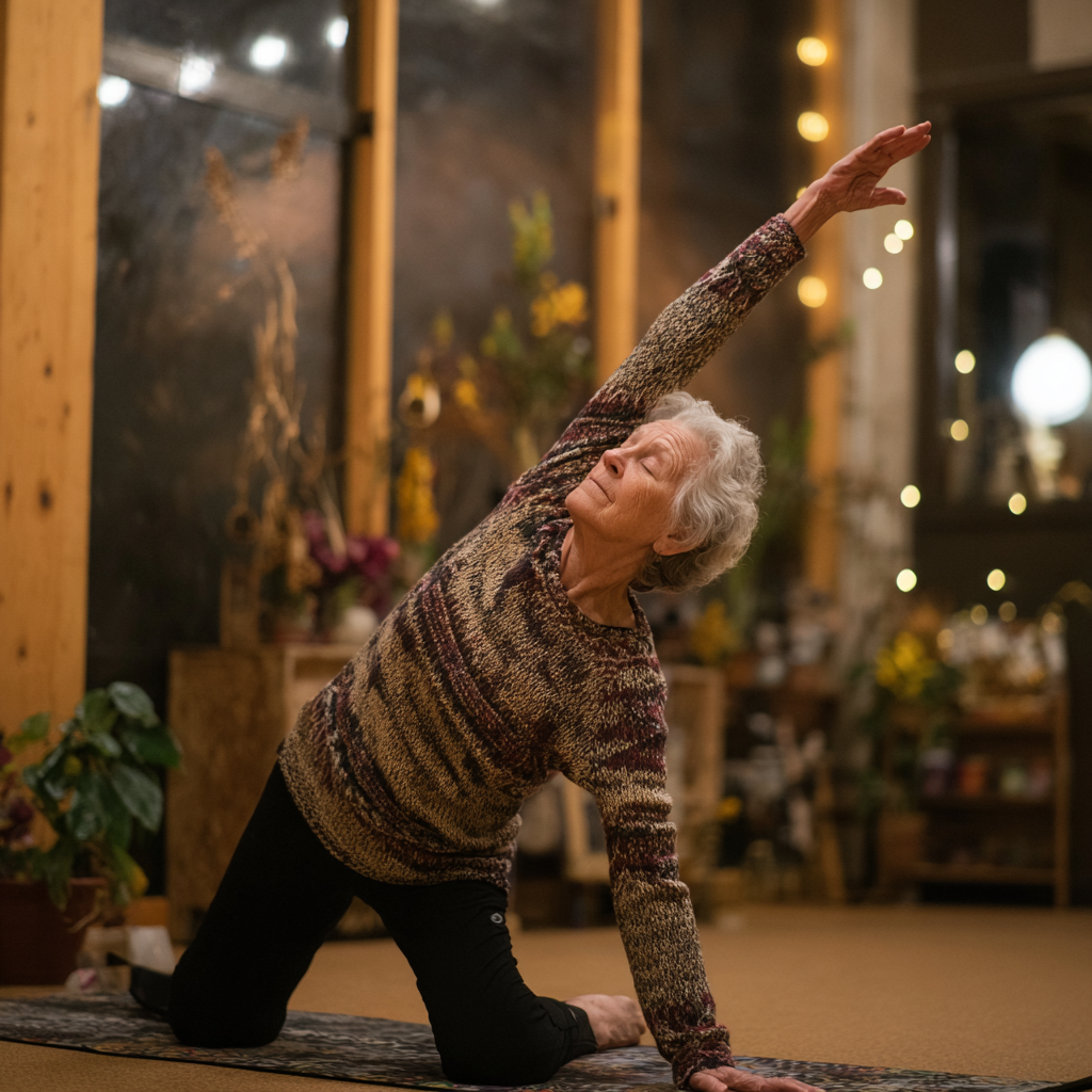 Жінка старшого віку виконує послідовність рухів віньяса в затишній залі droltenash